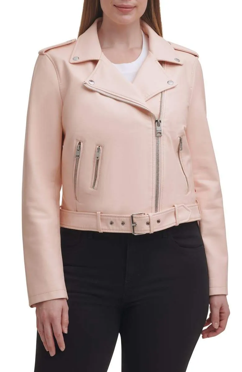 Blush Croc Water Repellent Leather Fashion Belted Moto Jacket