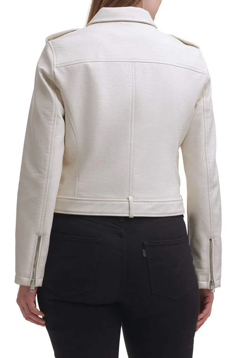 Blush Croc Water Repellent Leather Fashion Belted Moto Jacket