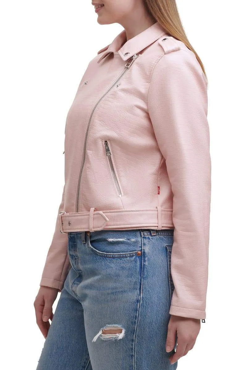 Blush Croc Water Repellent Leather Fashion Belted Moto Jacket