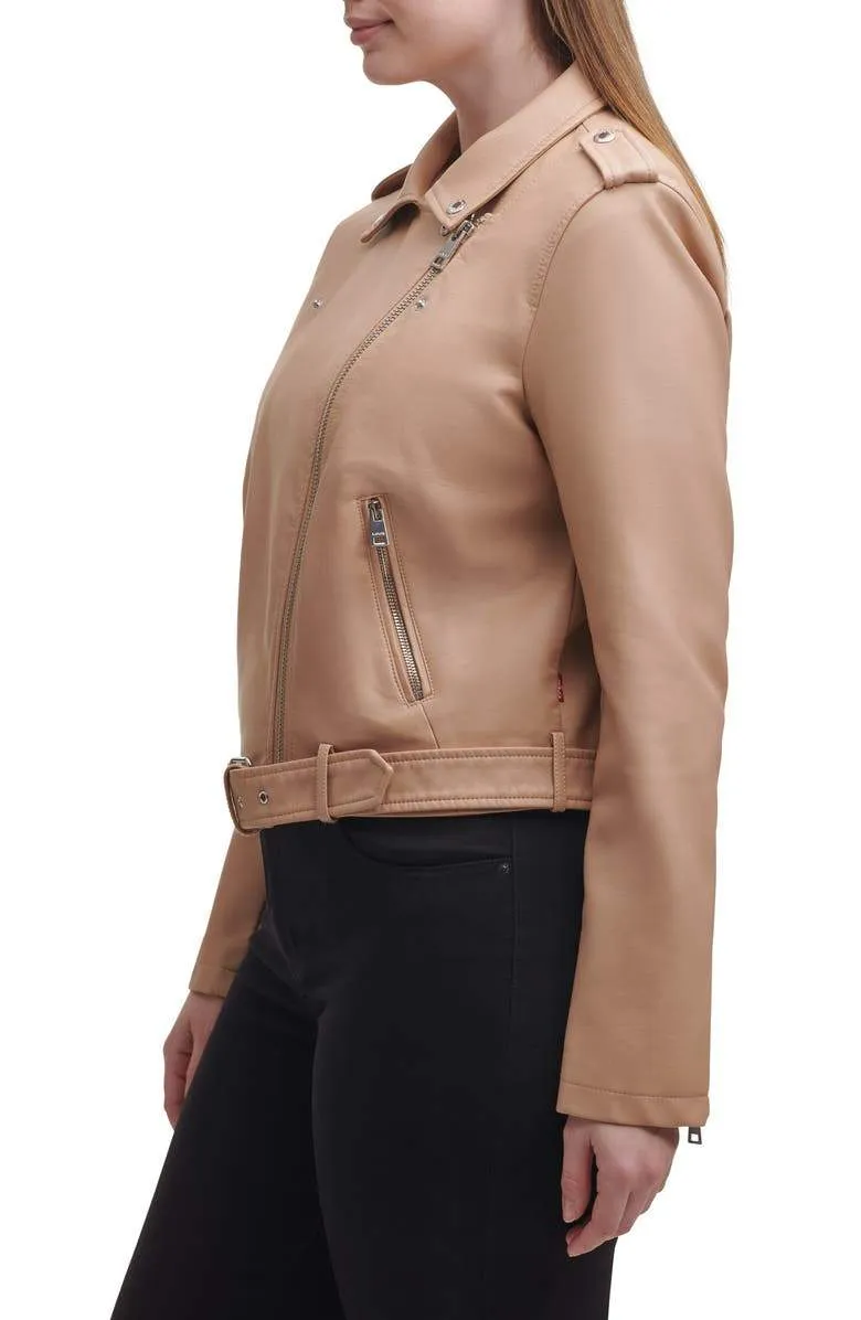 Blush Croc Water Repellent Leather Fashion Belted Moto Jacket