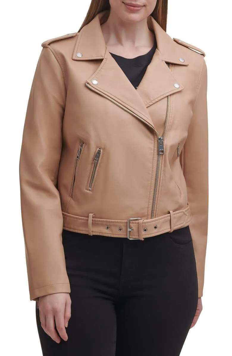 Blush Croc Water Repellent Leather Fashion Belted Moto Jacket