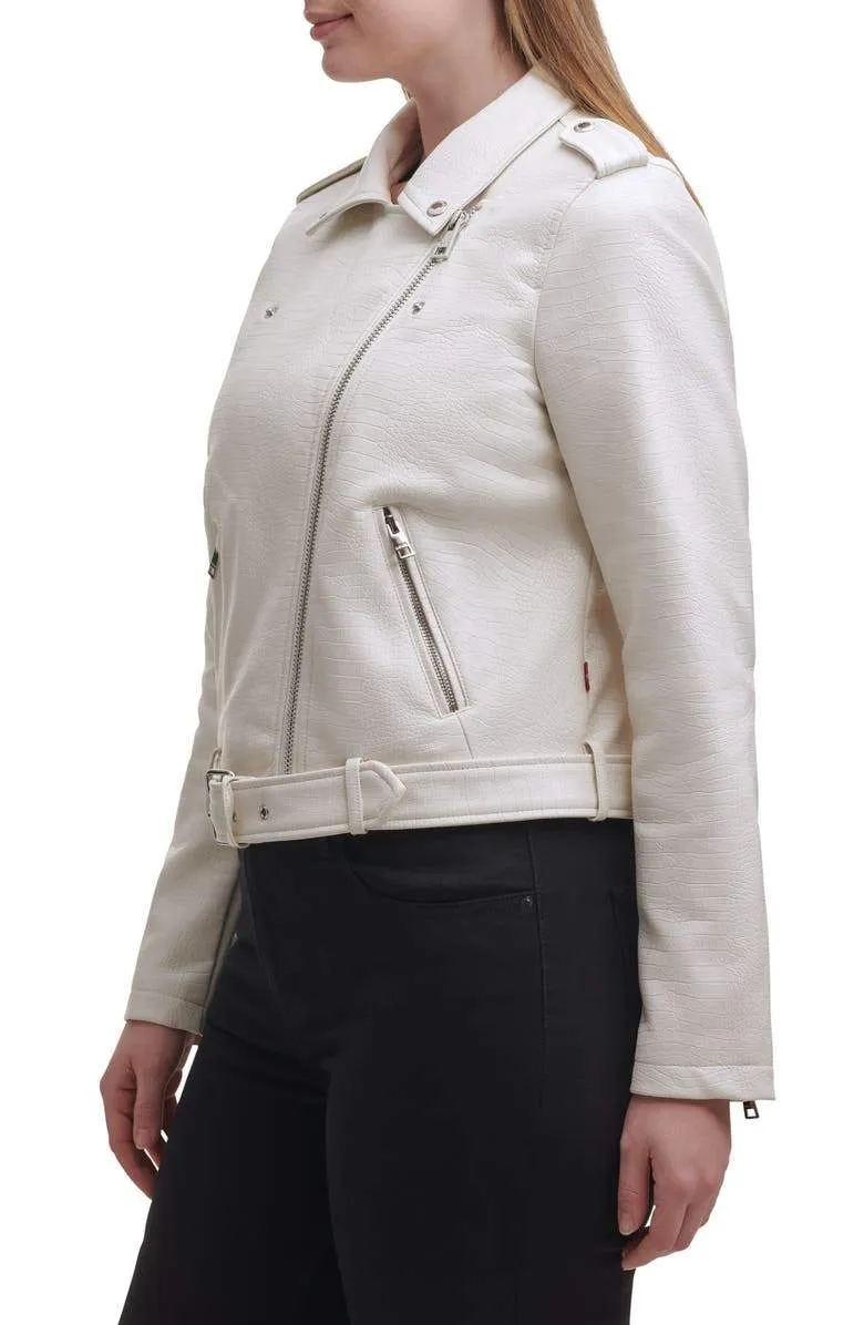 Blush Croc Water Repellent Leather Fashion Belted Moto Jacket