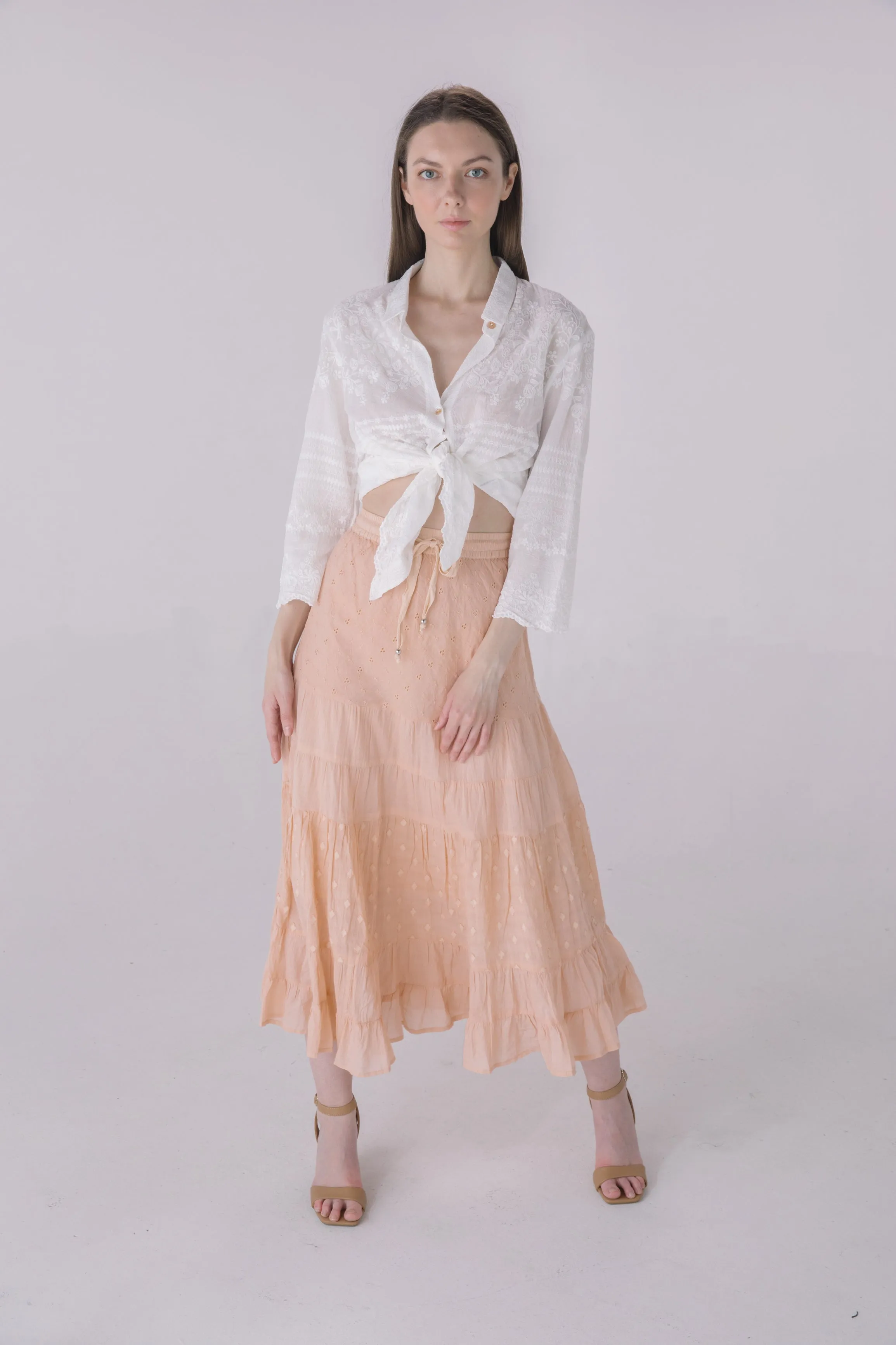 Blush Washed Texture Tiered Midi Skirt