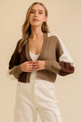 Brown Combo Color Block Open Front Cardigan