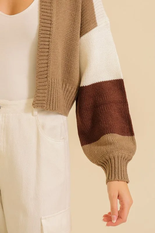 Brown Combo Color Block Open Front Cardigan