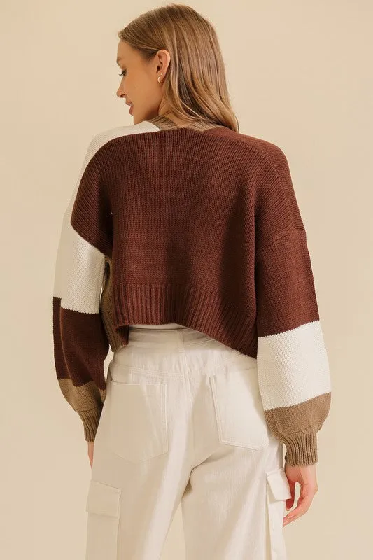 Brown Combo Color Block Open Front Cardigan