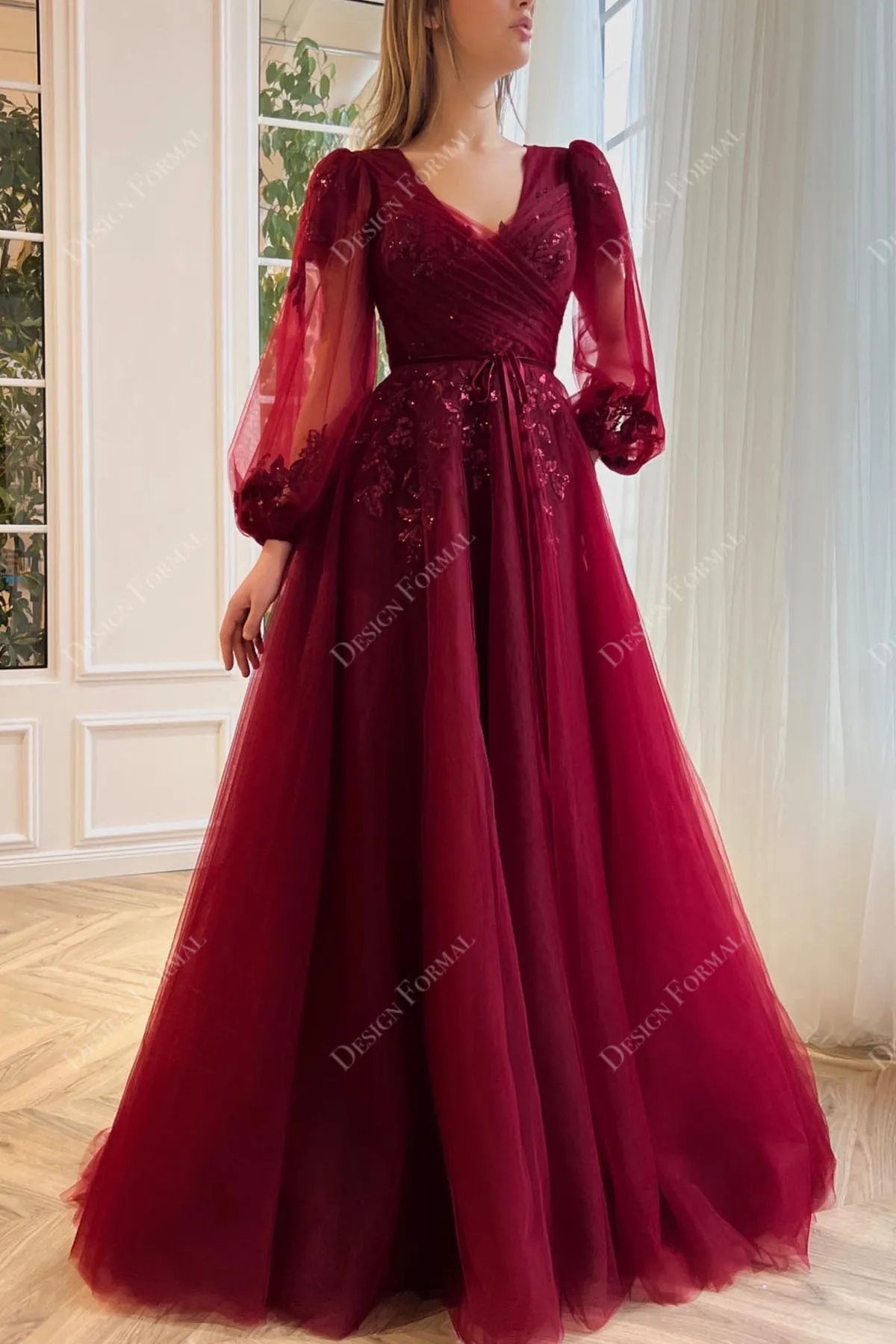 Burgundy Sequin Tulle Custom V-neck A-line Formal Dress