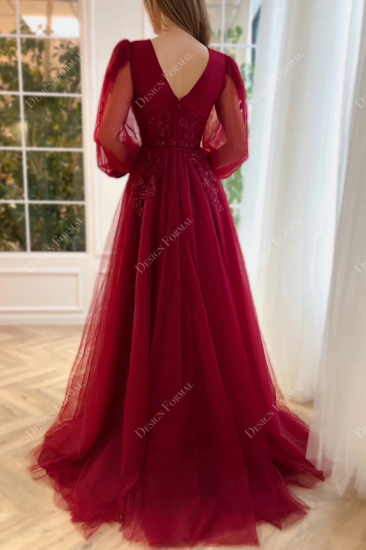 Burgundy Sequin Tulle Custom V-neck A-line Formal Dress