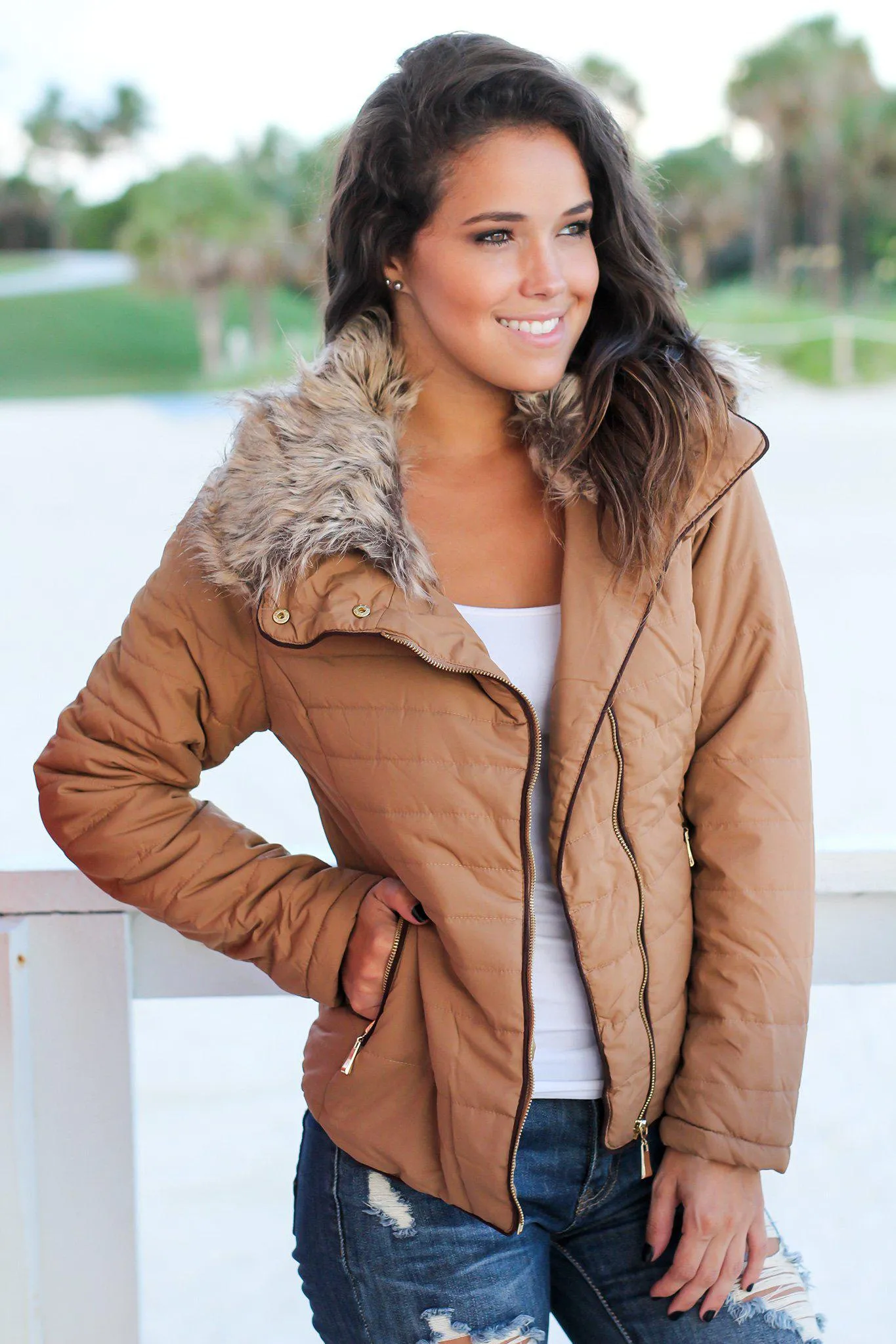 Camel Quilted Jacket with Side Zipper