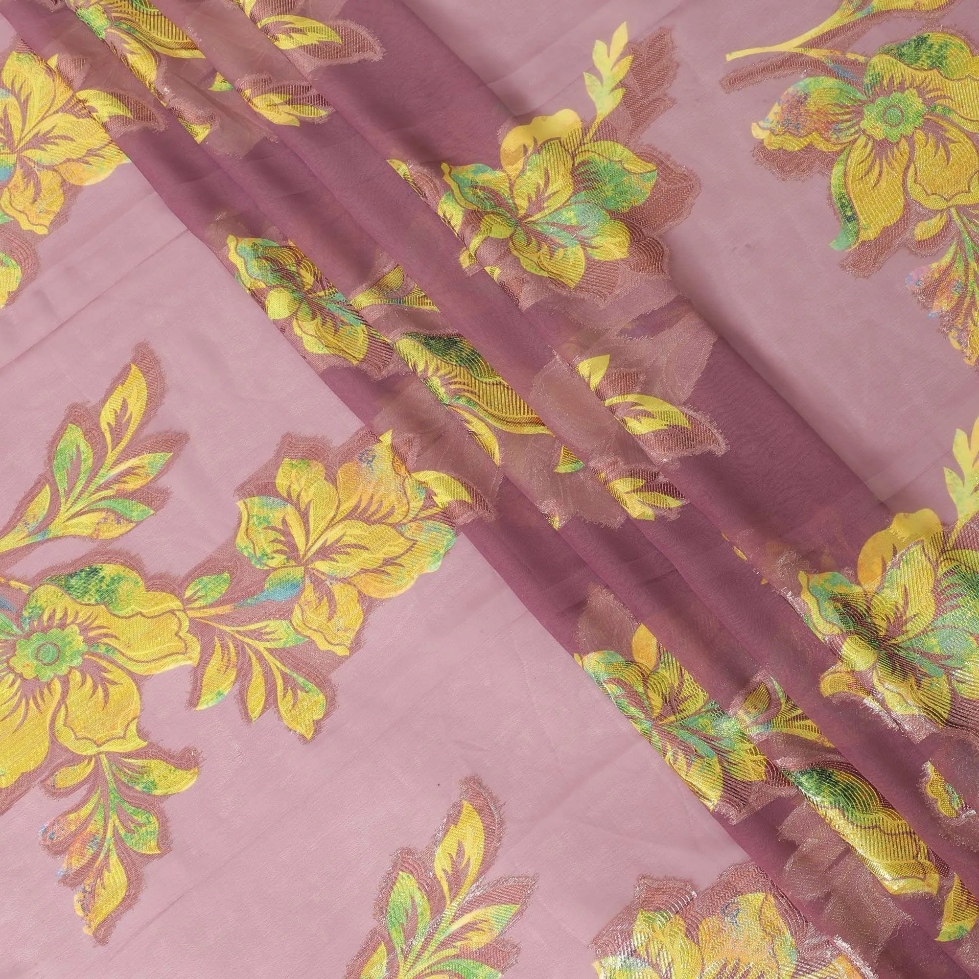 Cannon pink synthetic printed chiffon fabric with multicolor metallic lurex in floral design-D9742