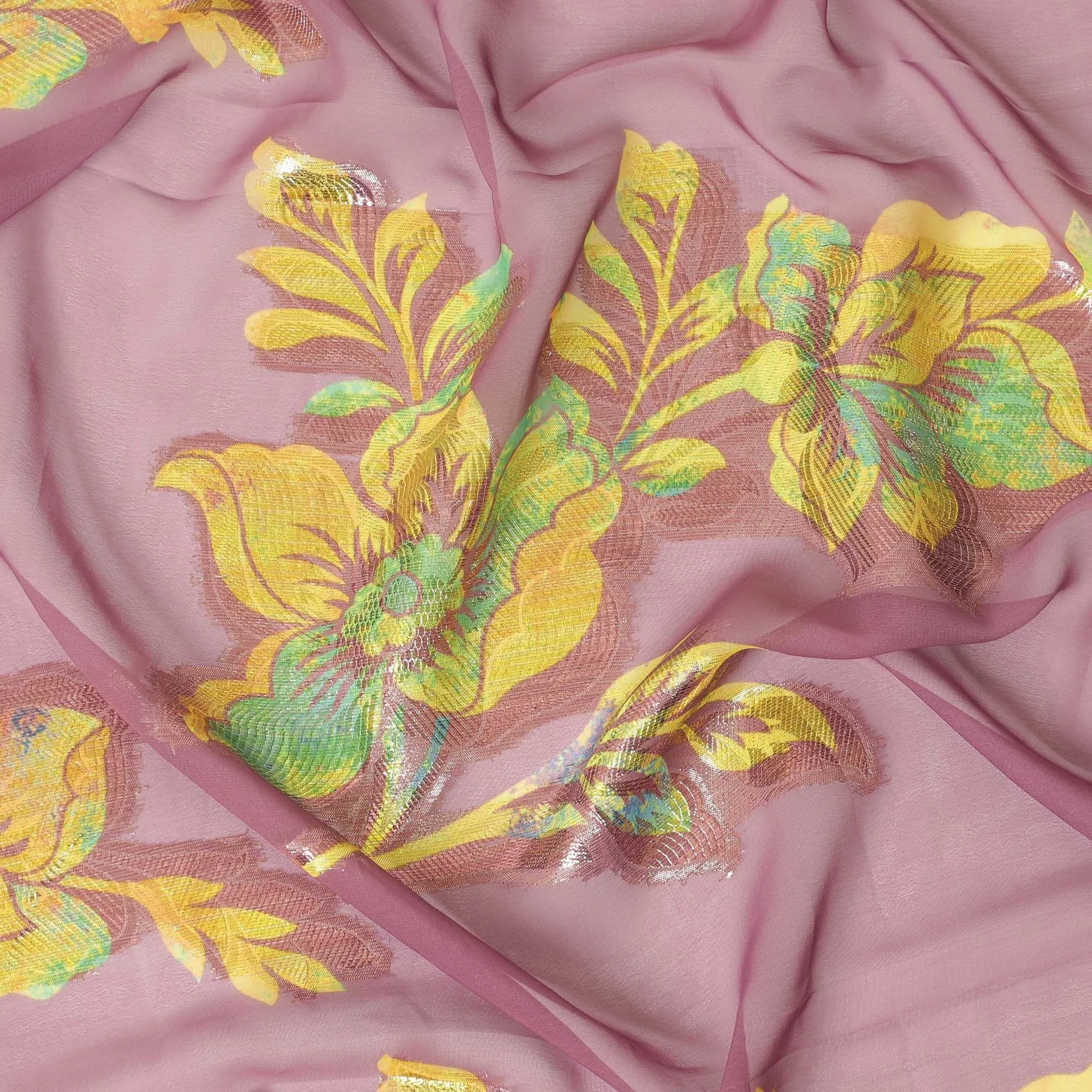 Cannon pink synthetic printed chiffon fabric with multicolor metallic lurex in floral design-D9742