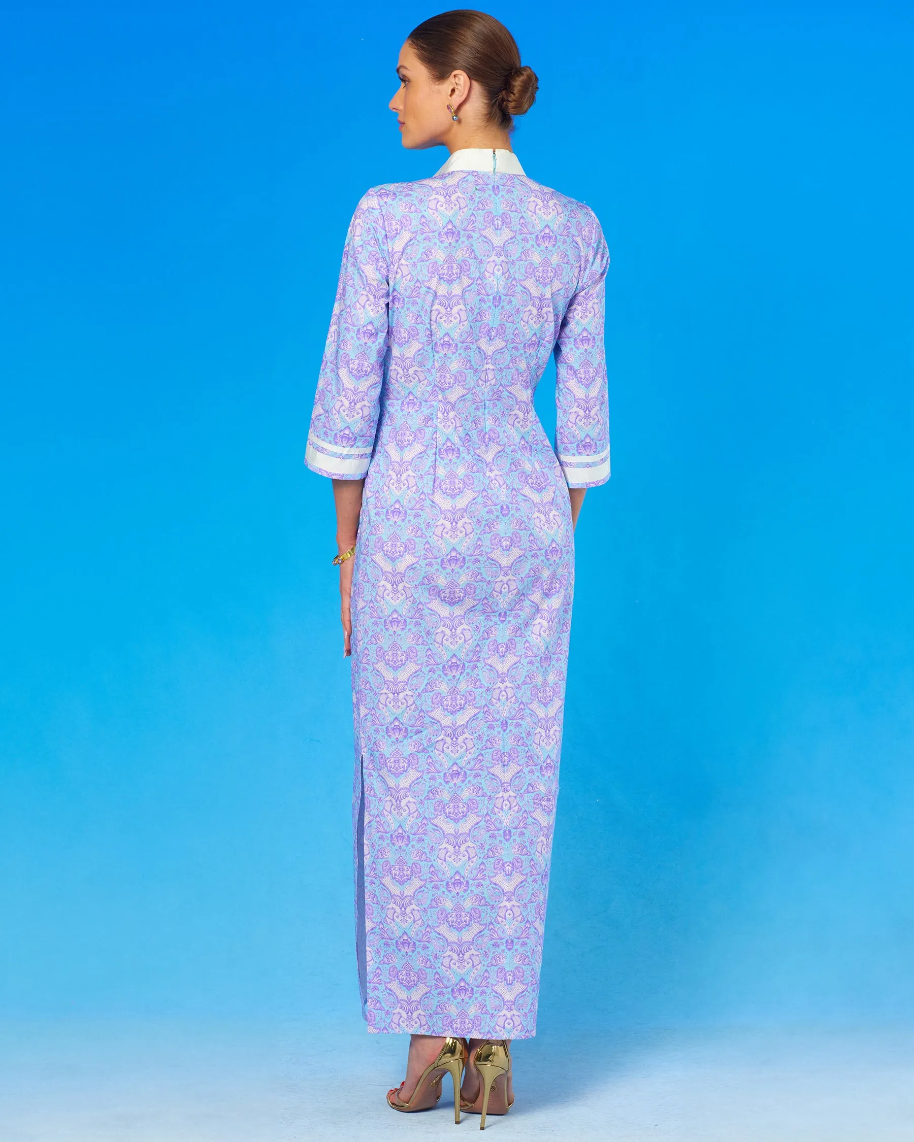 Capri Long Tunic Dress in Shalimar Purple on Robin Egg Blue