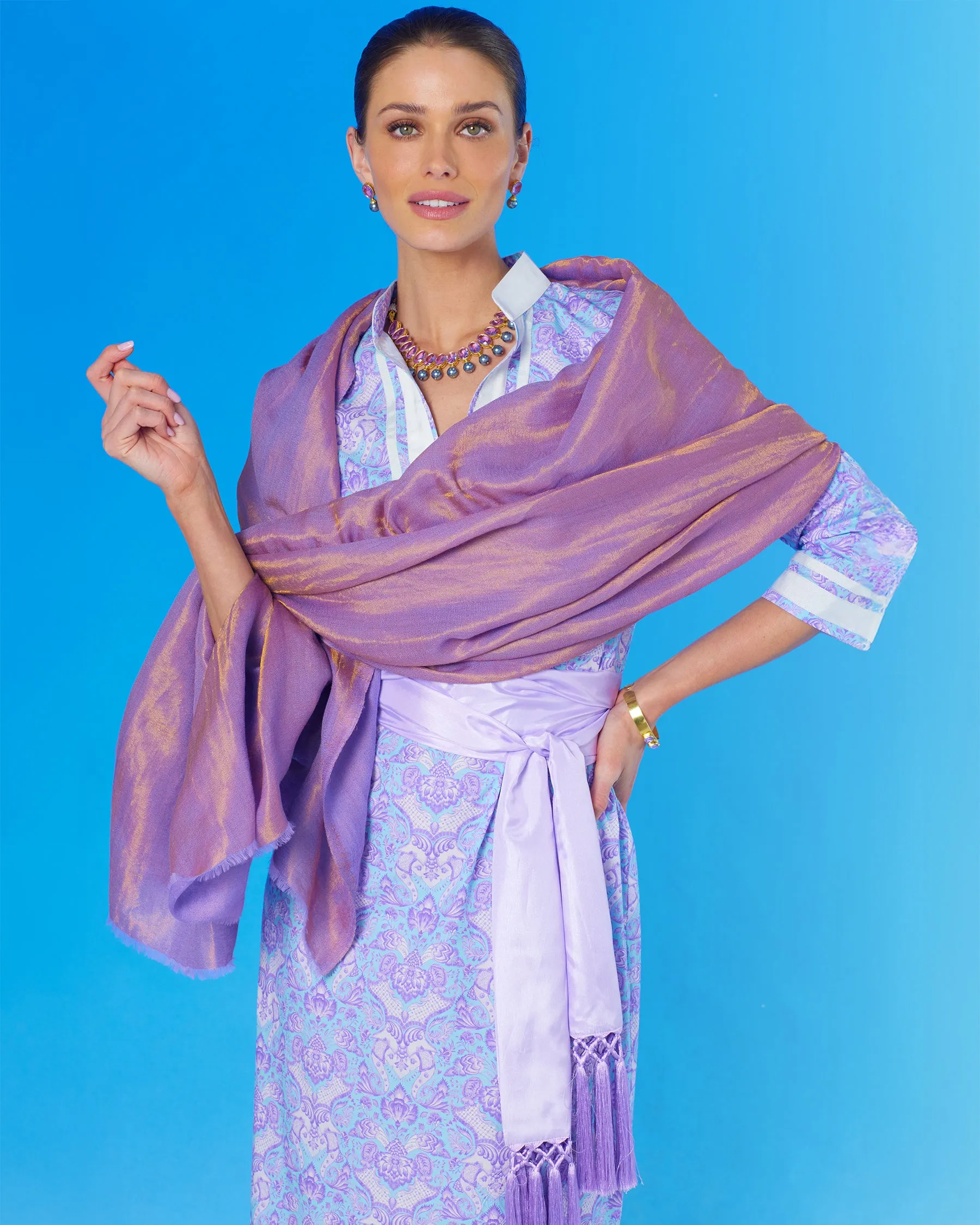 Capri Long Tunic Dress in Shalimar Purple on Robin Egg Blue