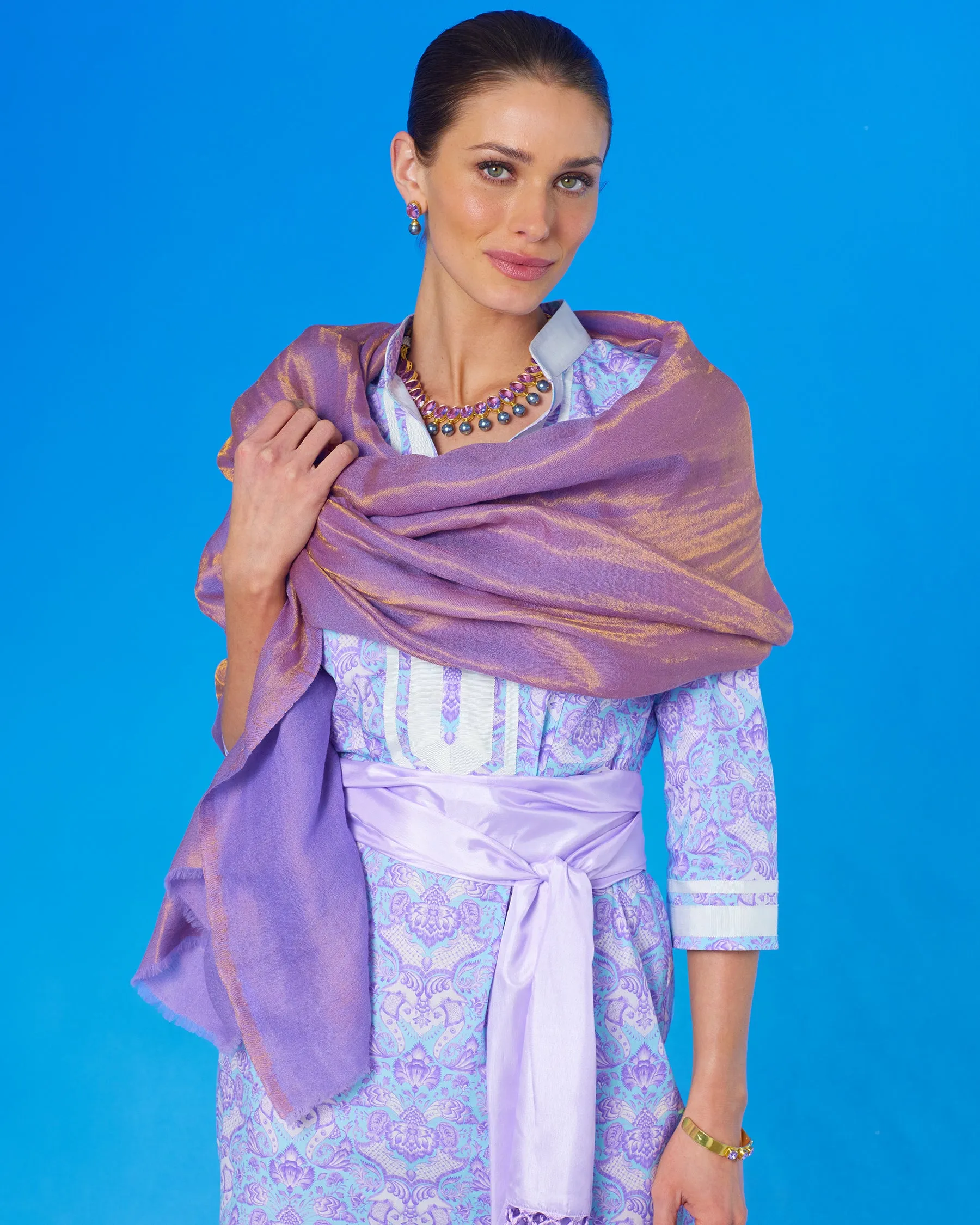 Capri Long Tunic Dress in Shalimar Purple on Robin Egg Blue