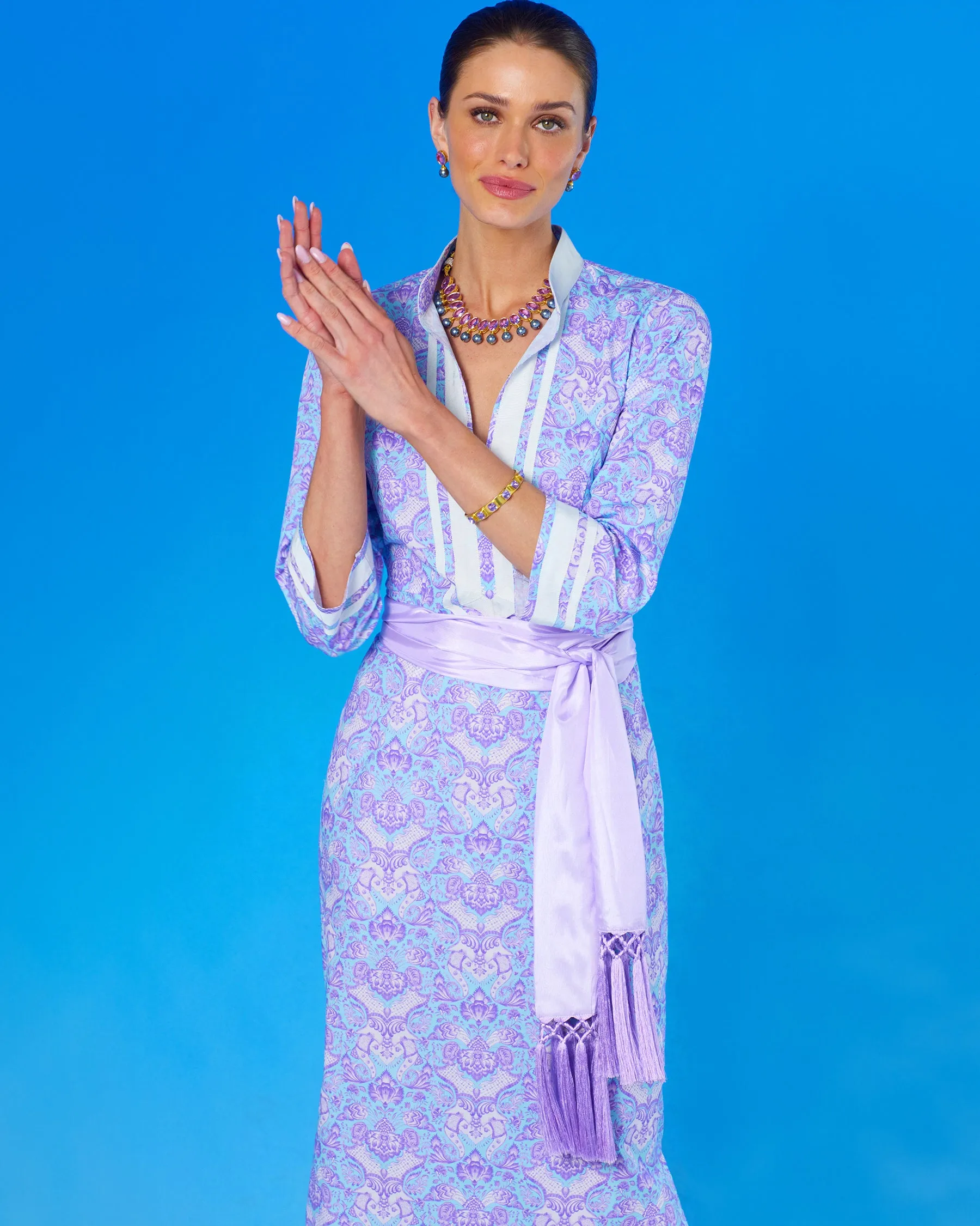 Capri Long Tunic Dress in Shalimar Purple on Robin Egg Blue