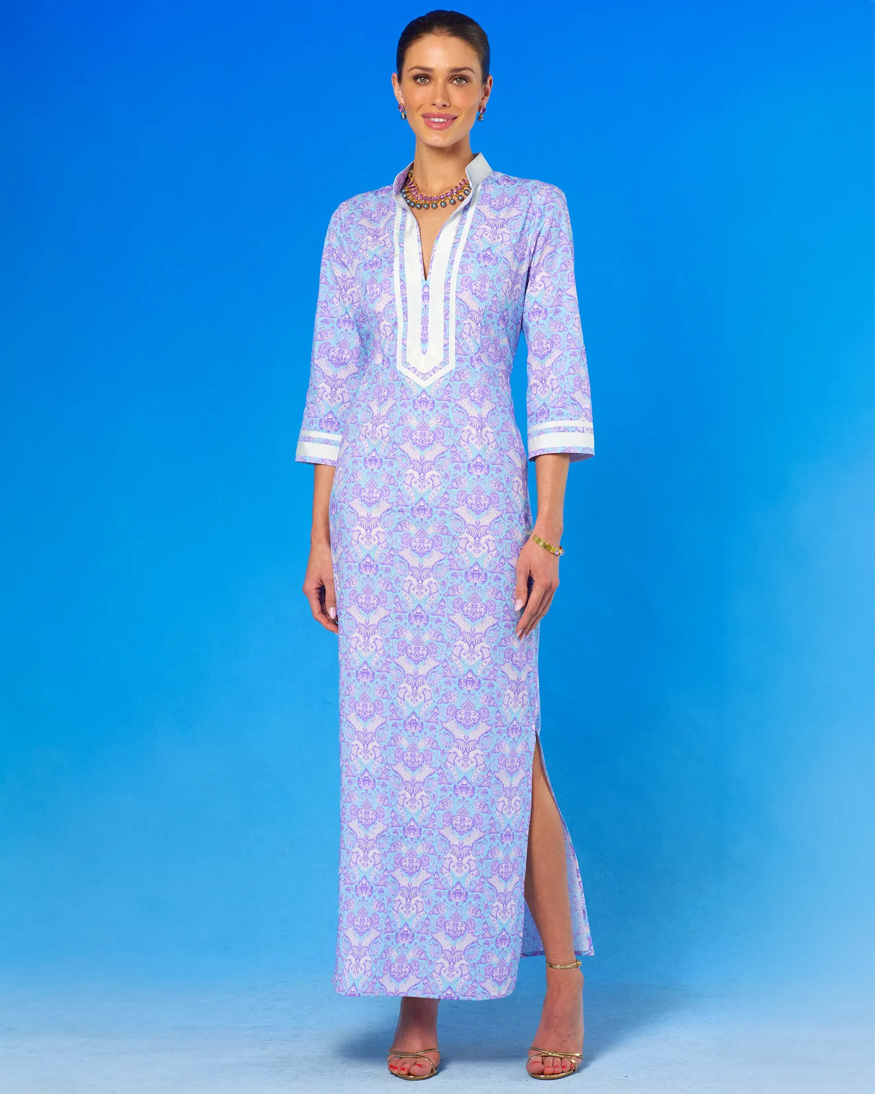 Capri Long Tunic Dress in Shalimar Purple on Robin Egg Blue