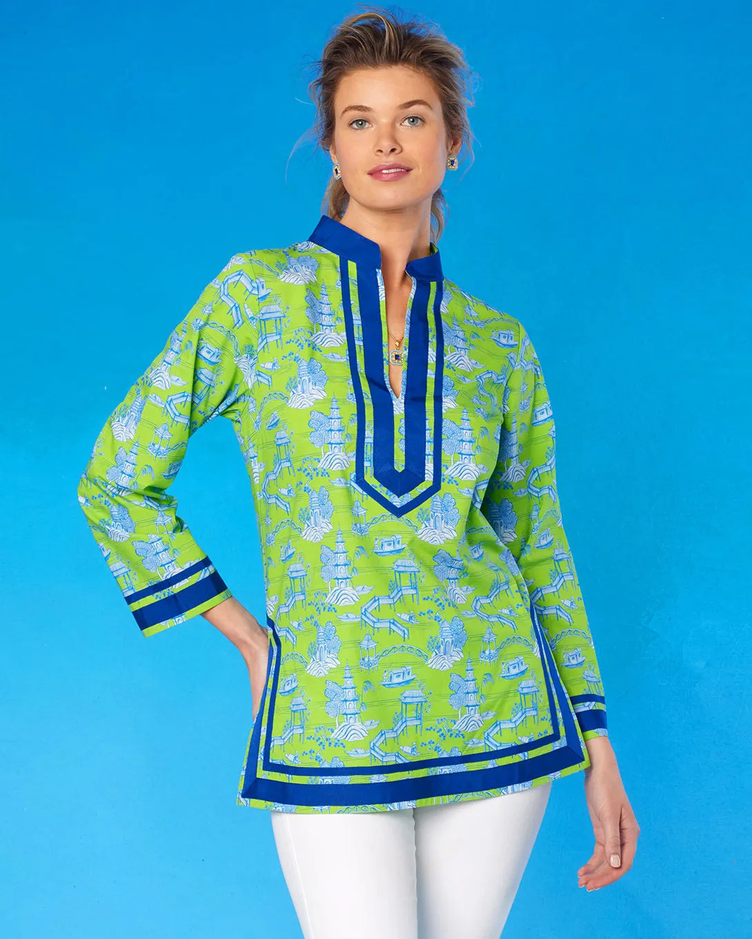 Capri Tunic in Lime Green and Blue Scenic Toile