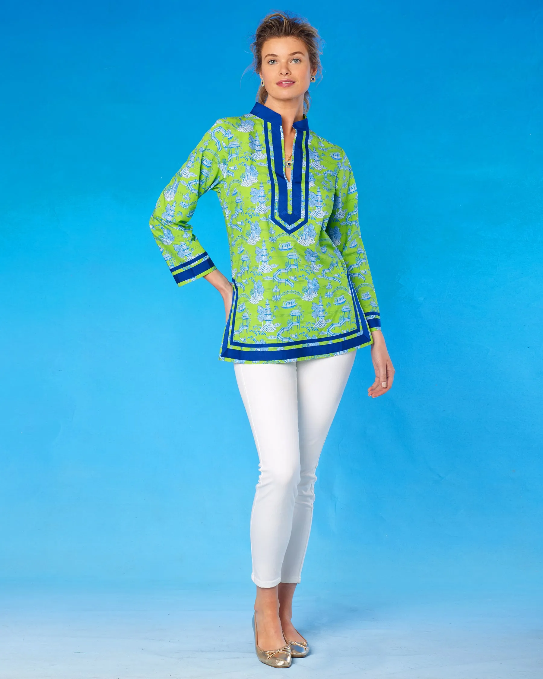 Capri Tunic in Lime Green and Blue Scenic Toile