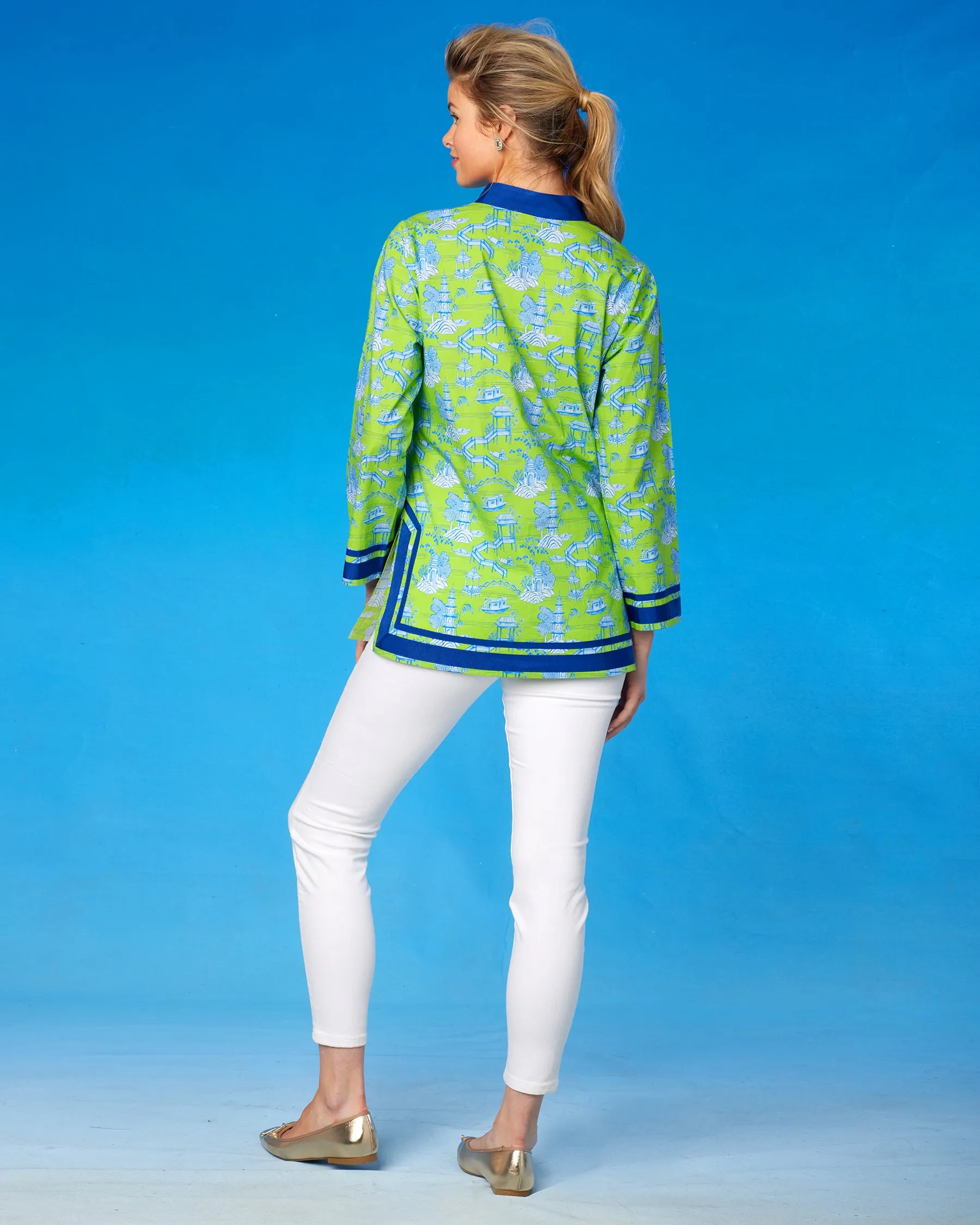 Capri Tunic in Lime Green and Blue Scenic Toile