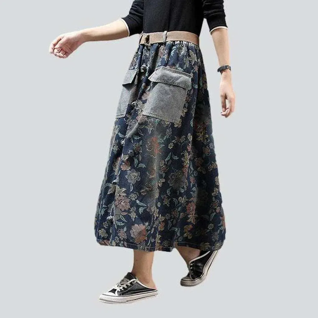 Cargo jeans skirt with flowers