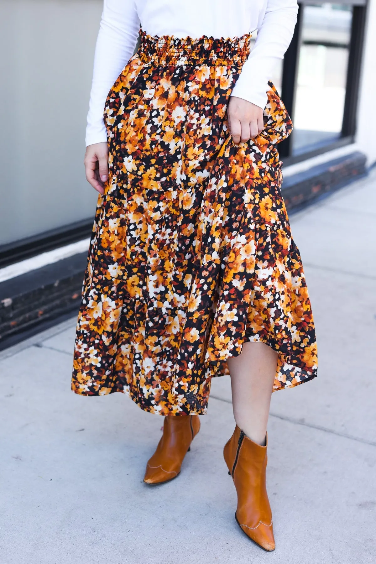 Casual Living Black Floral Tiered Smocked Waist Midi Skirt