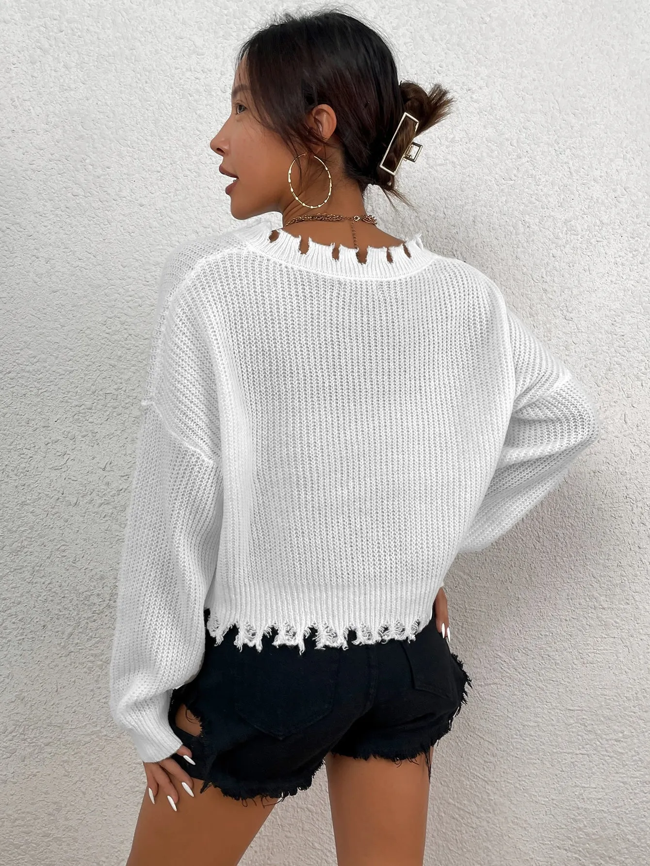 Casual Plain Ripped Long Sleeve V Neck Crop Women Sweater