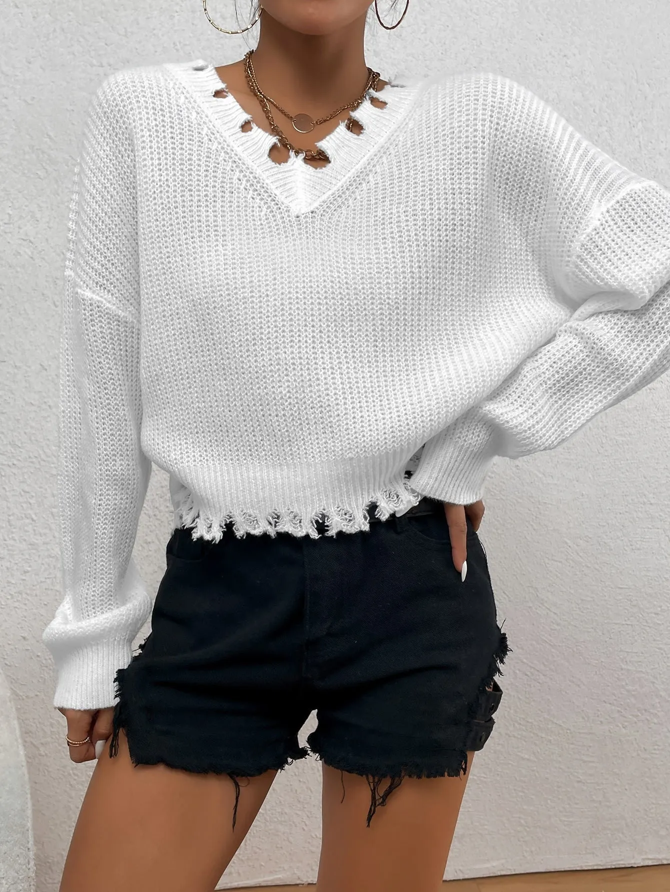 Casual Plain Ripped Long Sleeve V Neck Crop Women Sweater