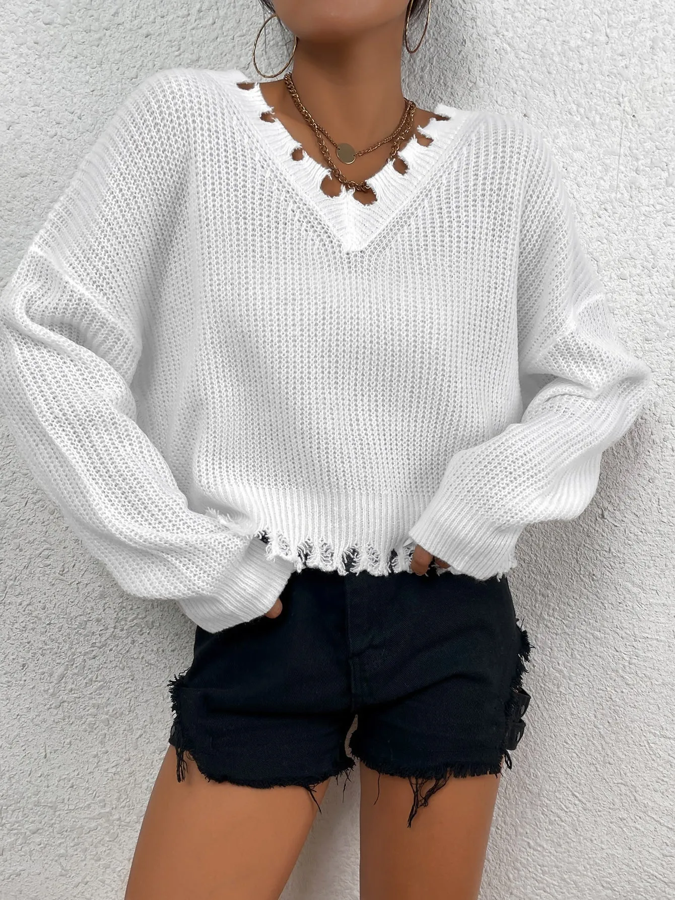 Casual Plain Ripped Long Sleeve V Neck Crop Women Sweater