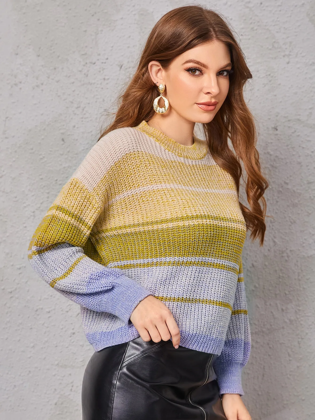 Casual Striped Long Sleeve Round Neck Crop Women Sweater