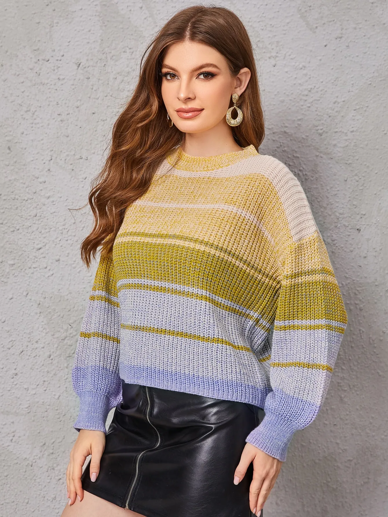 Casual Striped Long Sleeve Round Neck Crop Women Sweater