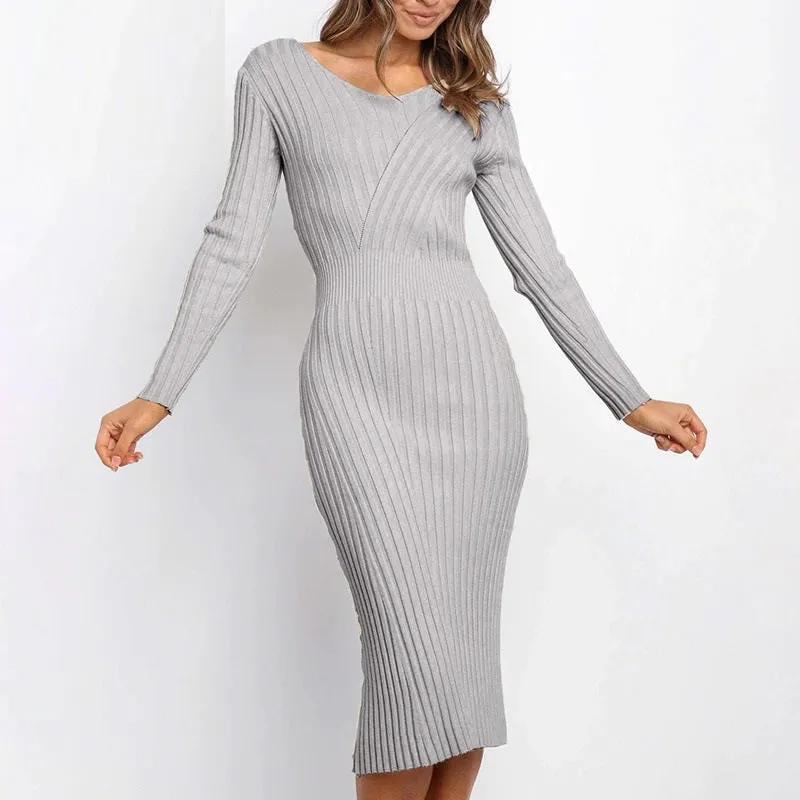 Casual V-neck Knitted Nine Points Sleeve Stripe Splicing Office Sweater Knee Dress