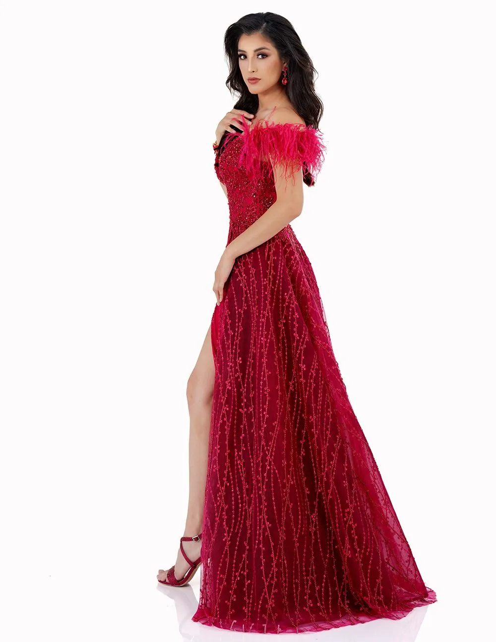 Cecilia Couture 2530 size 4 Red Feather Off Shoulder Overskirt Beaded Slit Prom Dress Pageant Gown