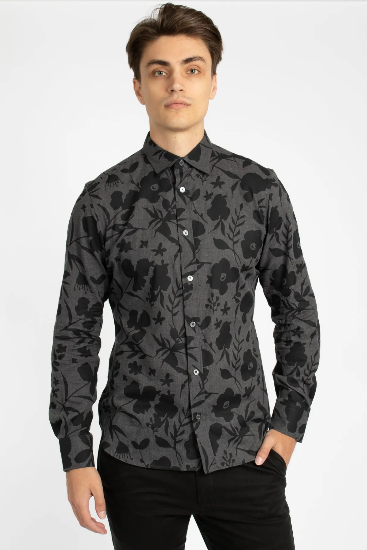 Charcoal Abstract Floral Cotton Flannel Shirt