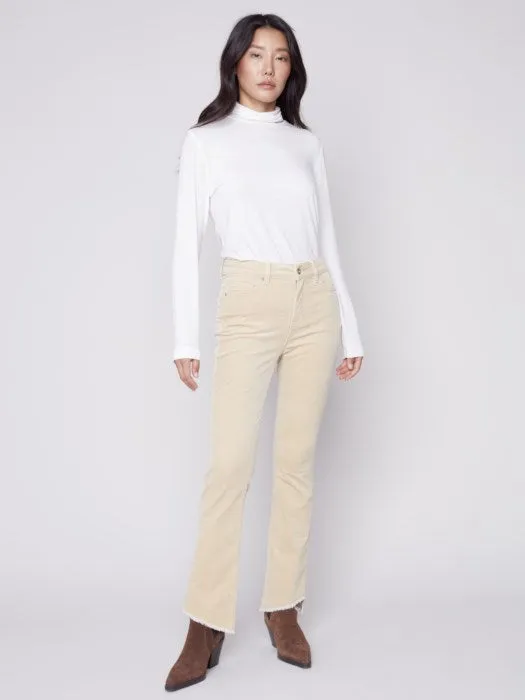 Charlie B Bootcut Corduroy Pants with Asymmetrical Fringed Hem Natural