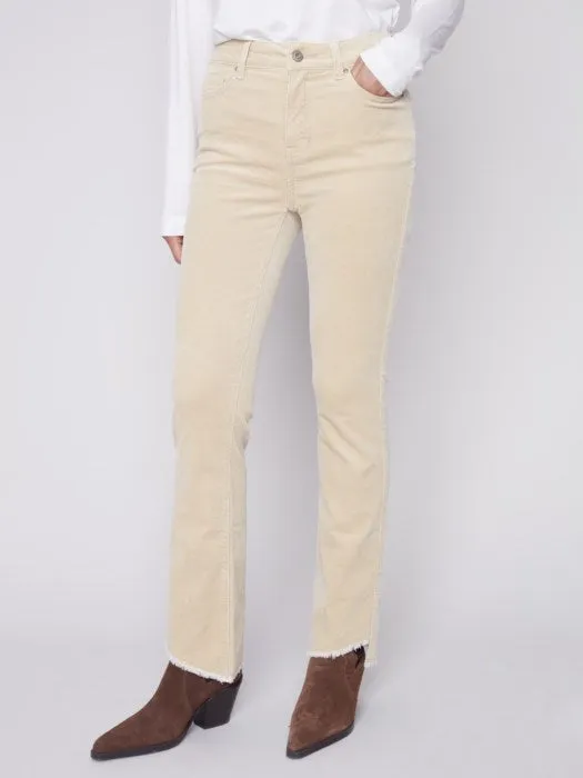 Charlie B Bootcut Corduroy Pants with Asymmetrical Fringed Hem Natural