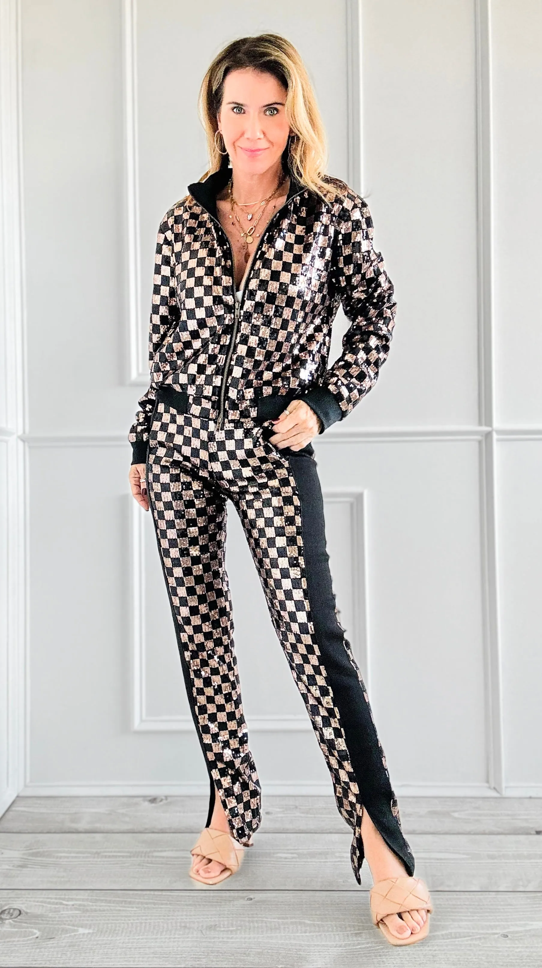 Checkered Sequin Jacket and Pants Set