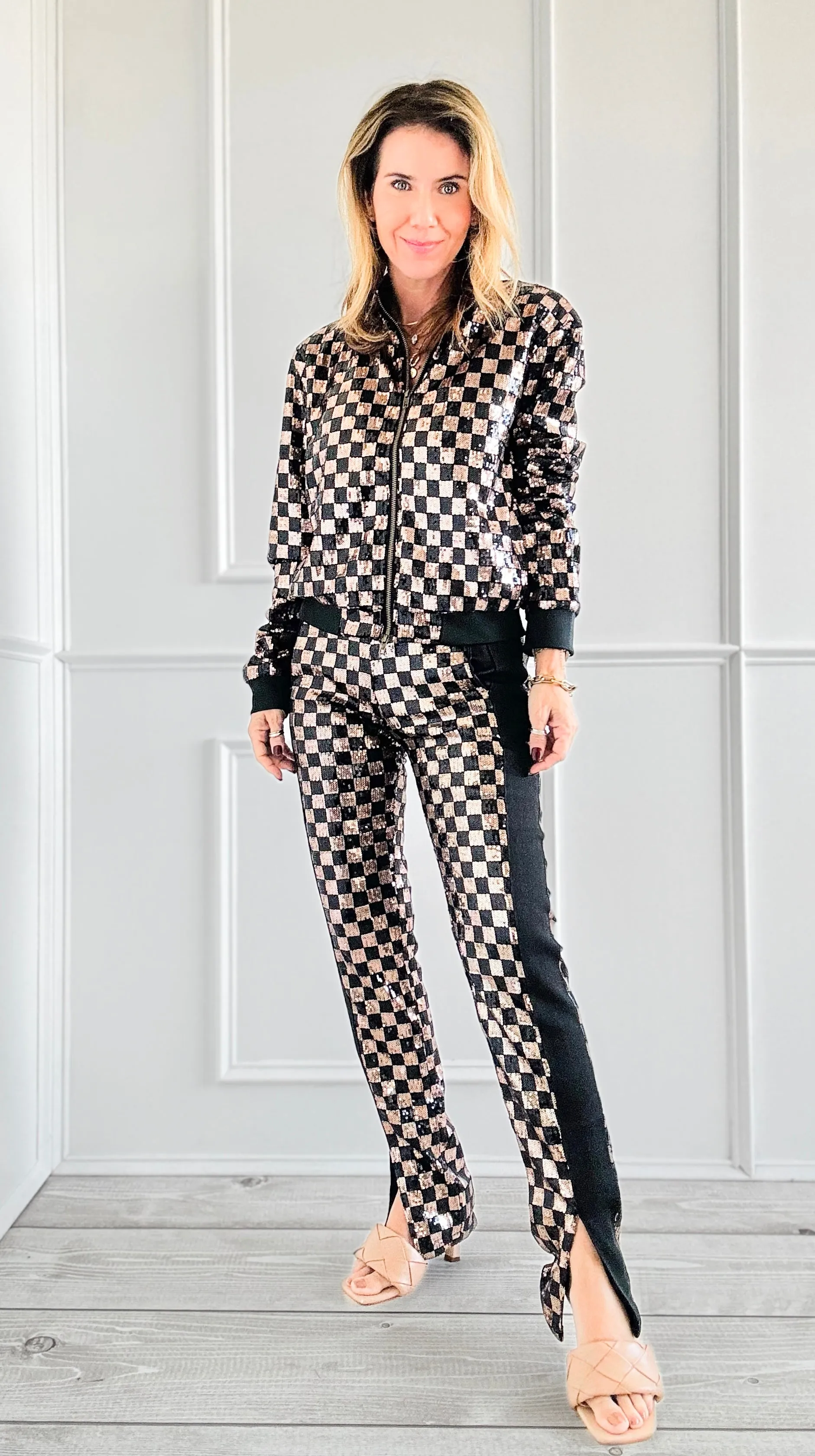 Checkered Sequin Jacket and Pants Set