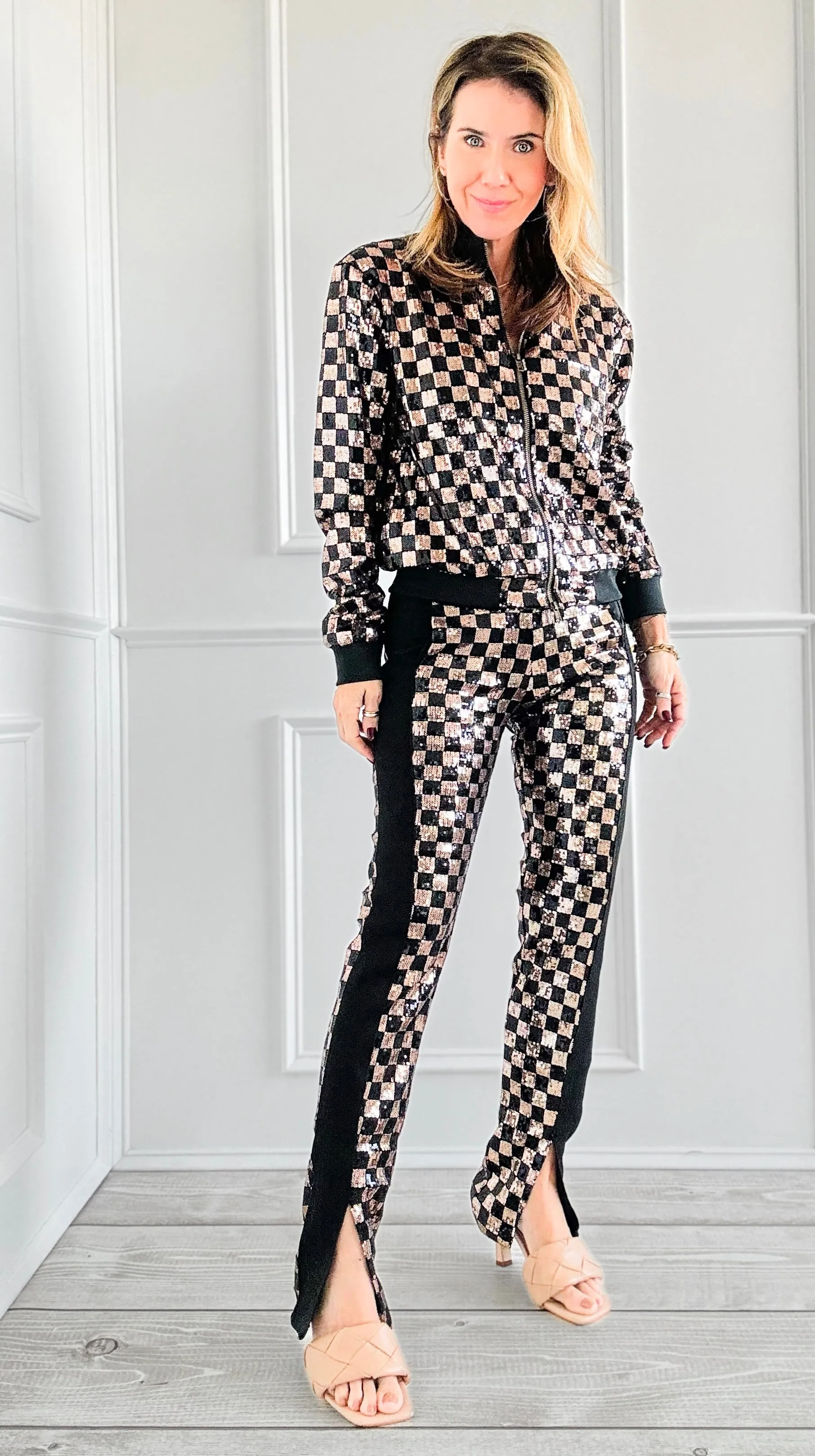 Checkered Sequin Jacket and Pants Set