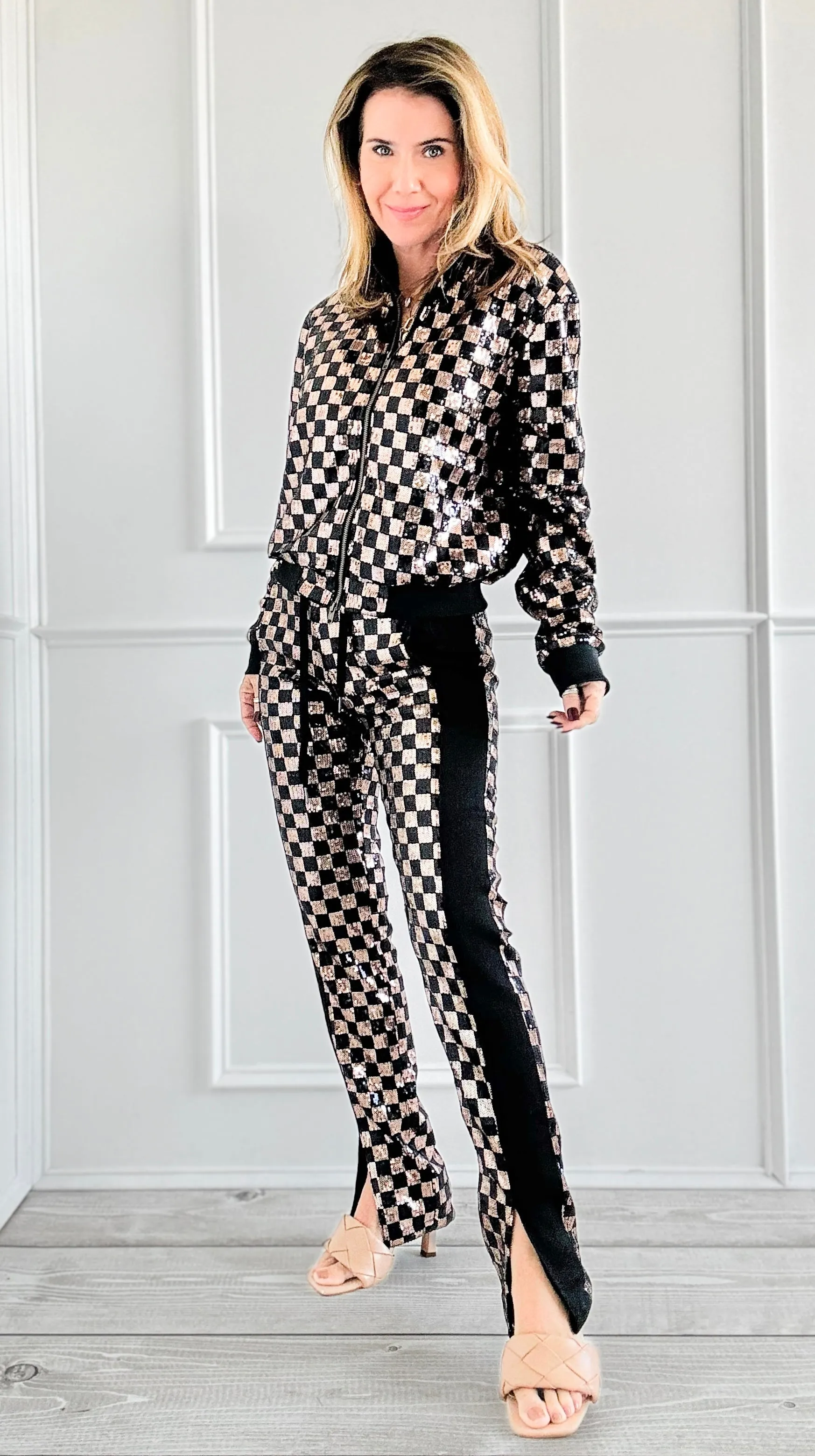 Checkered Sequin Jacket and Pants Set