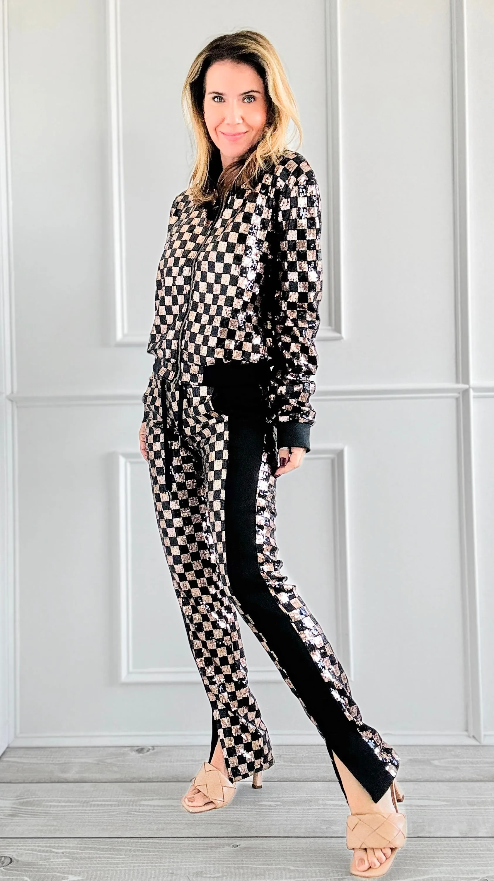 Checkered Sequin Jacket and Pants Set