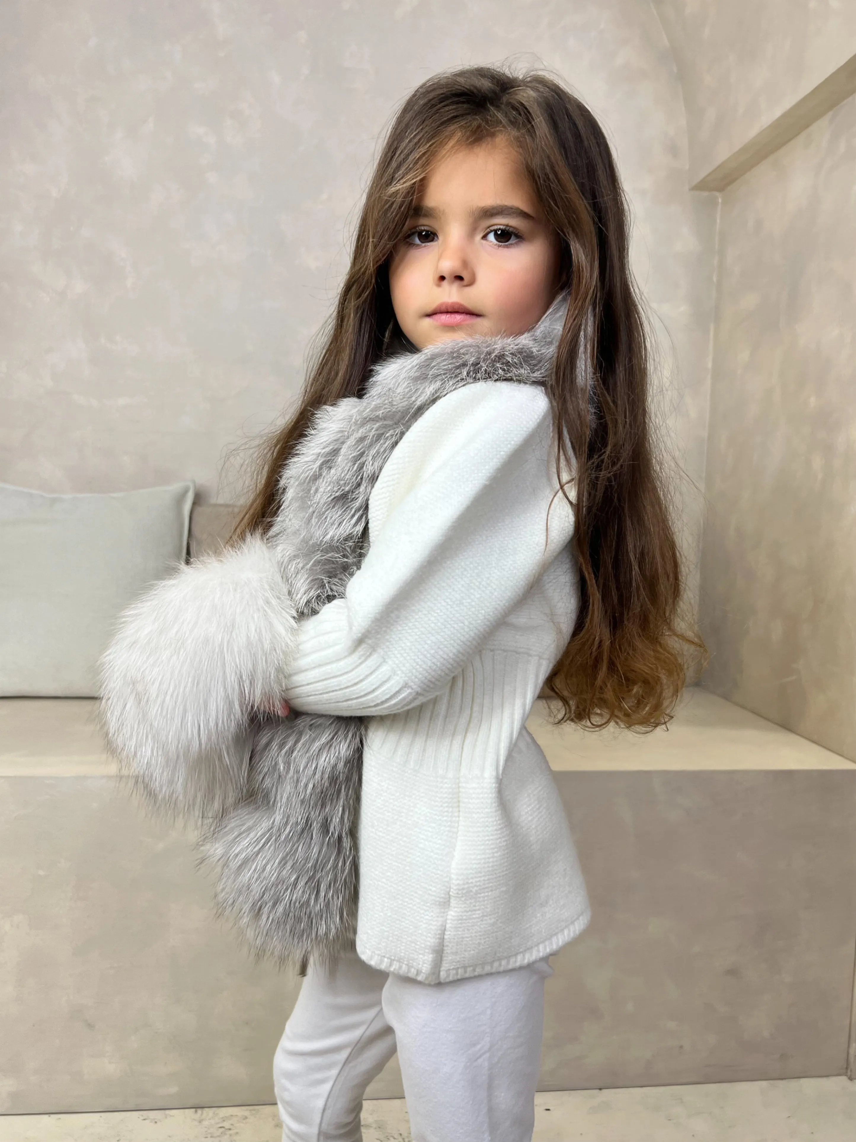 Childrens Cream/Two Tone Luxury Fur Cardigan