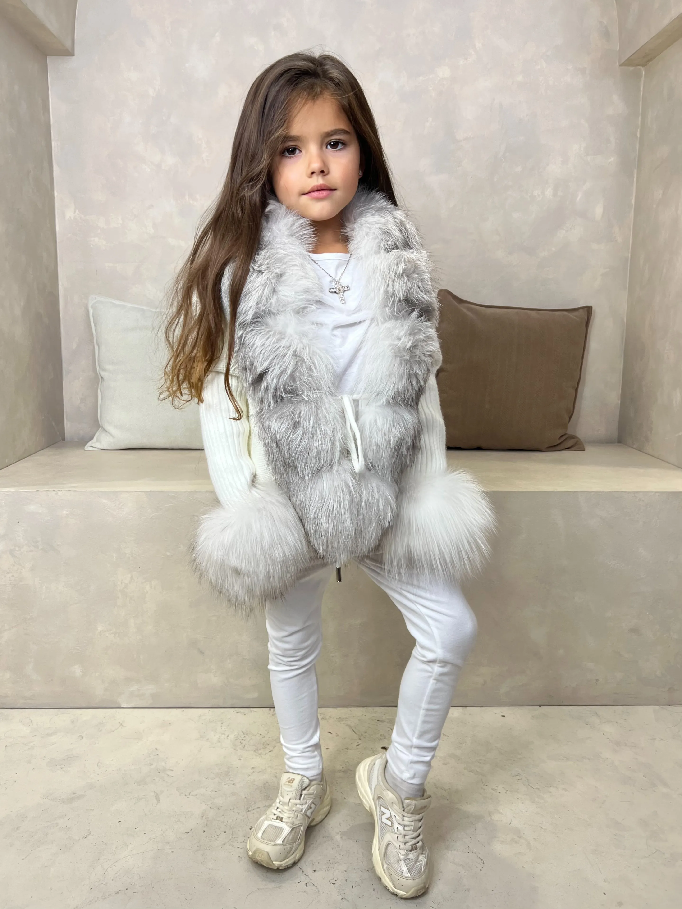 Childrens Cream/Two Tone Luxury Fur Cardigan