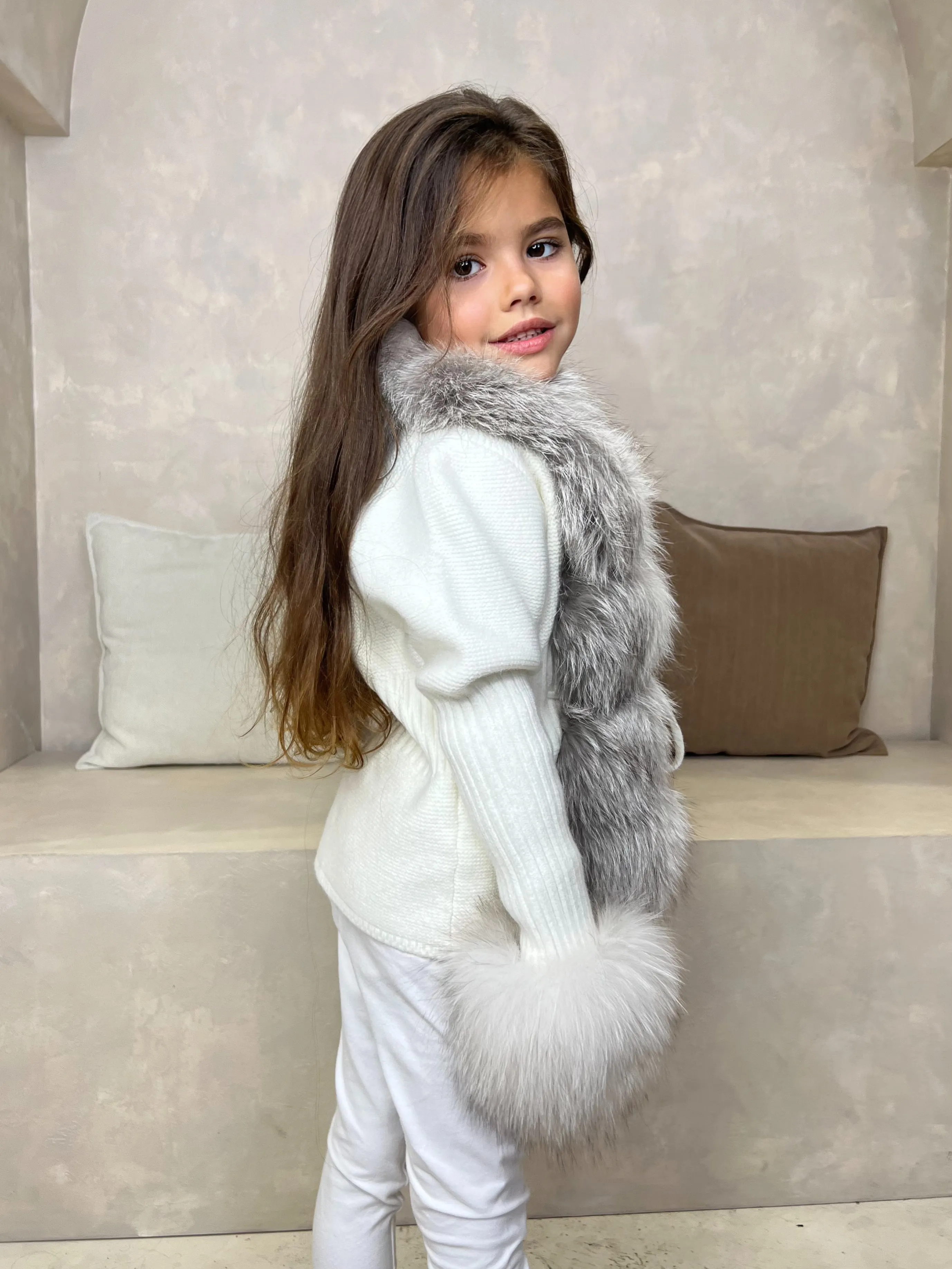 Childrens Cream/Two Tone Luxury Fur Cardigan