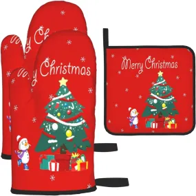 Christmas Oven Mitts - and Pot Holder Gloves Women Men Safe Cooking Oven Gloves for BBQ Cooking Housewarming Kitchen Decoration（ Christmas Oven Mitts Set Red）