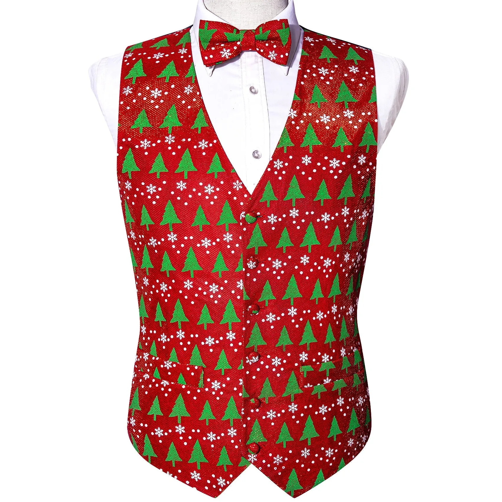 Christmas Red Green Xmas Tree Novelty Jacquard Silk Men's Vest Bow Tie Set Waistcoat Suit Set