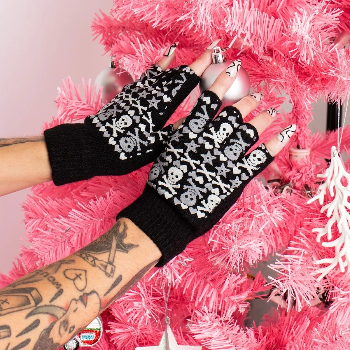 Christmas Skulls Fingerless Knit Gloves