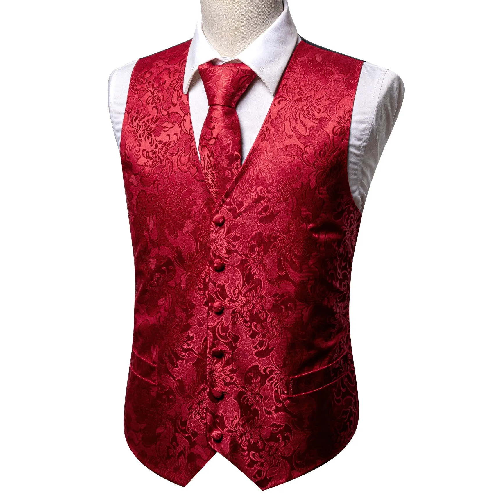 Class Red Floral Jacquard Silk Men's Vest Hanky Cufflinks Tie Set