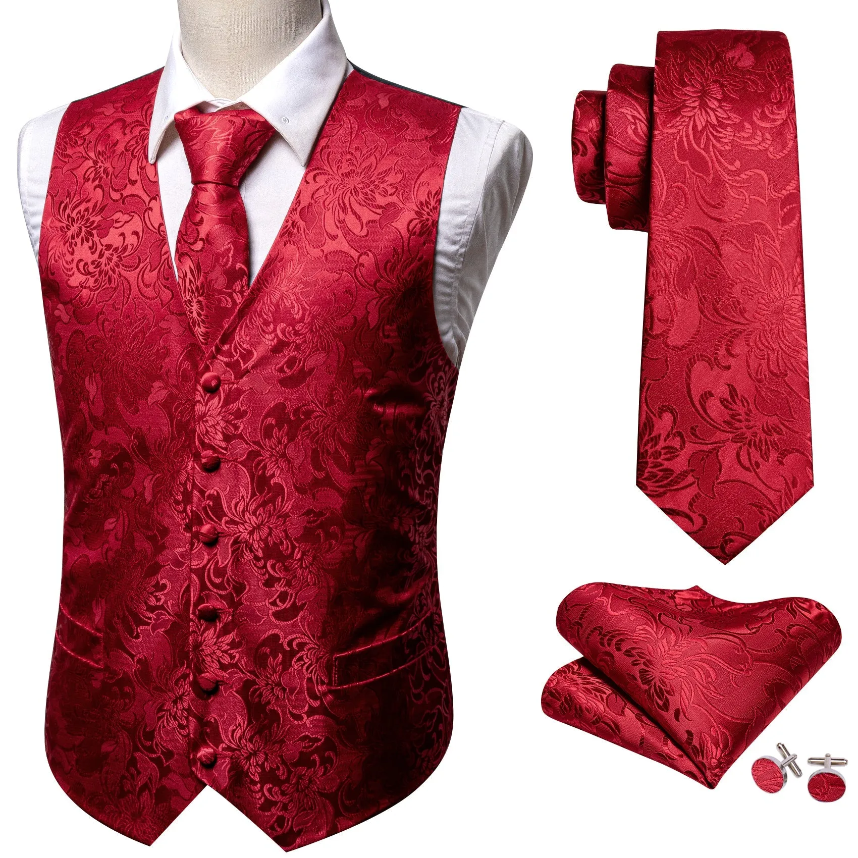 Class Red Floral Jacquard Silk Men's Vest Hanky Cufflinks Tie Set