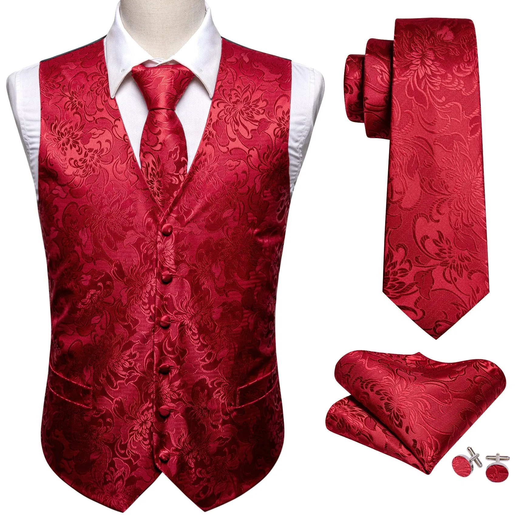 Class Red Floral Jacquard Silk Men's Vest Hanky Cufflinks Tie Set