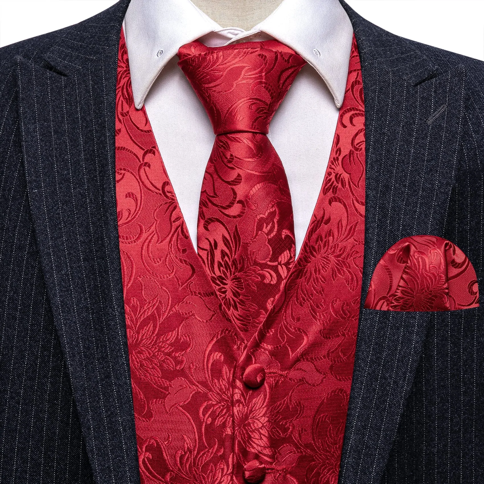 Class Red Floral Jacquard Silk Men's Vest Hanky Cufflinks Tie Set